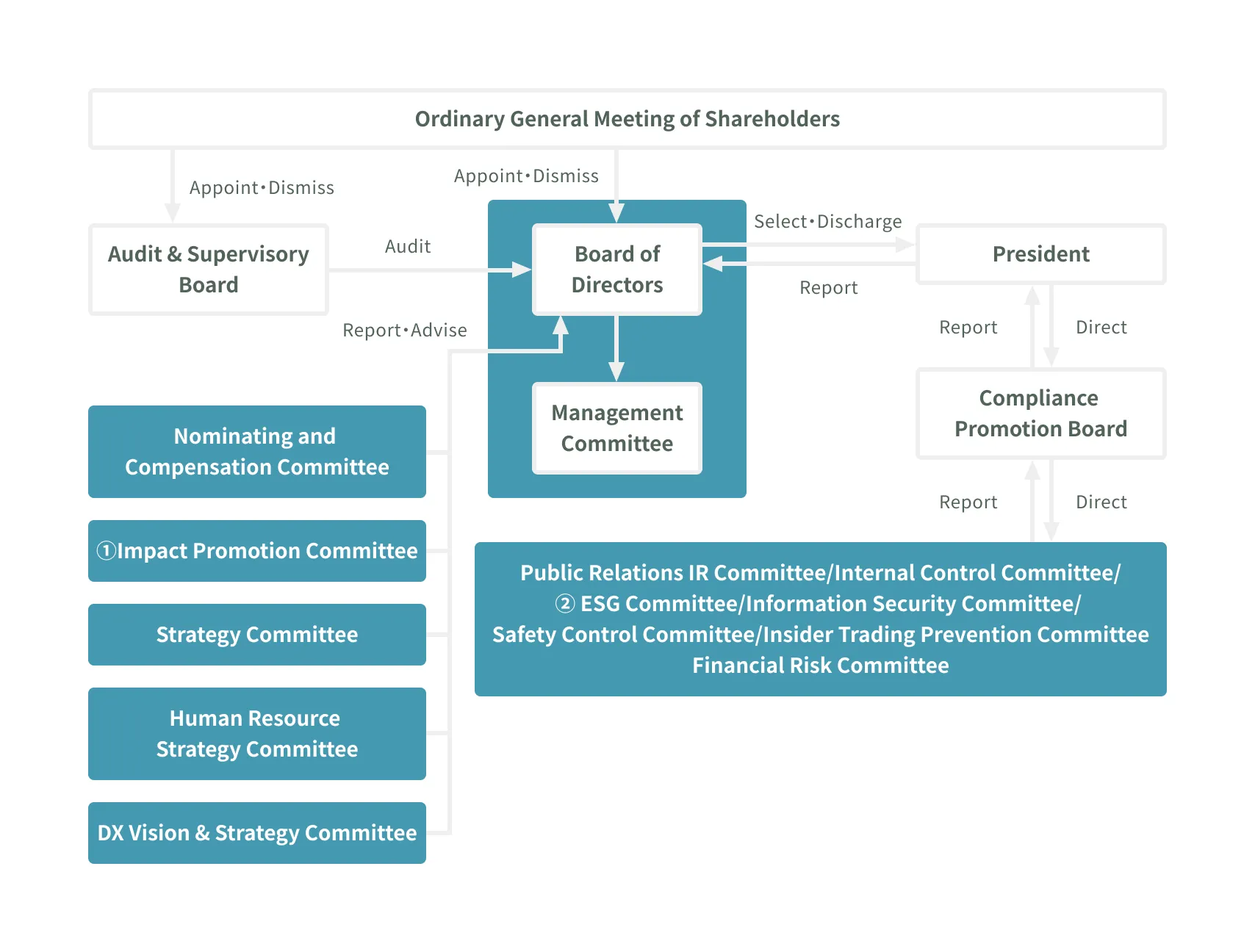 Flowchart showing the management structure of a corporation