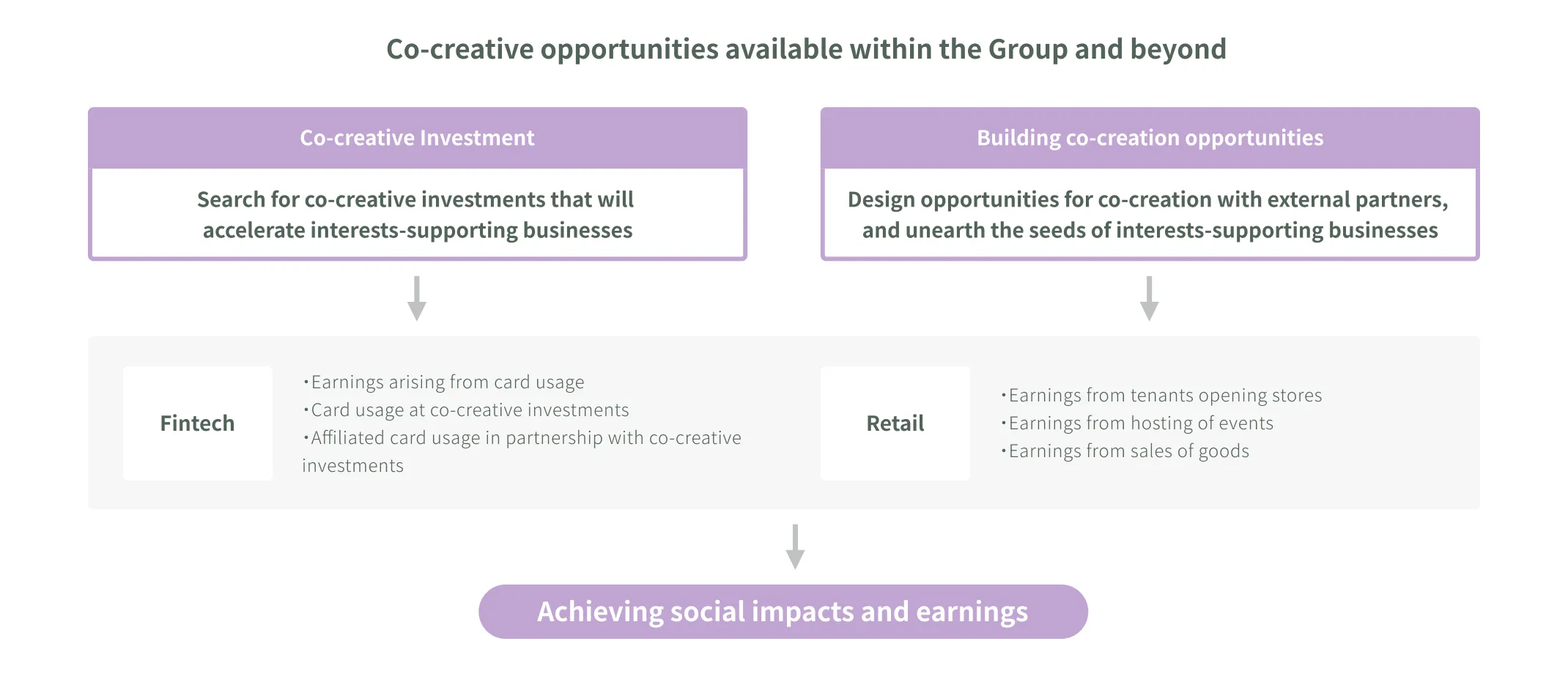 Diagram illustrating the flow of creating revenue opportunities in fintech and retail through co-creation investment and co-creation space development, leading to impact and profit realization